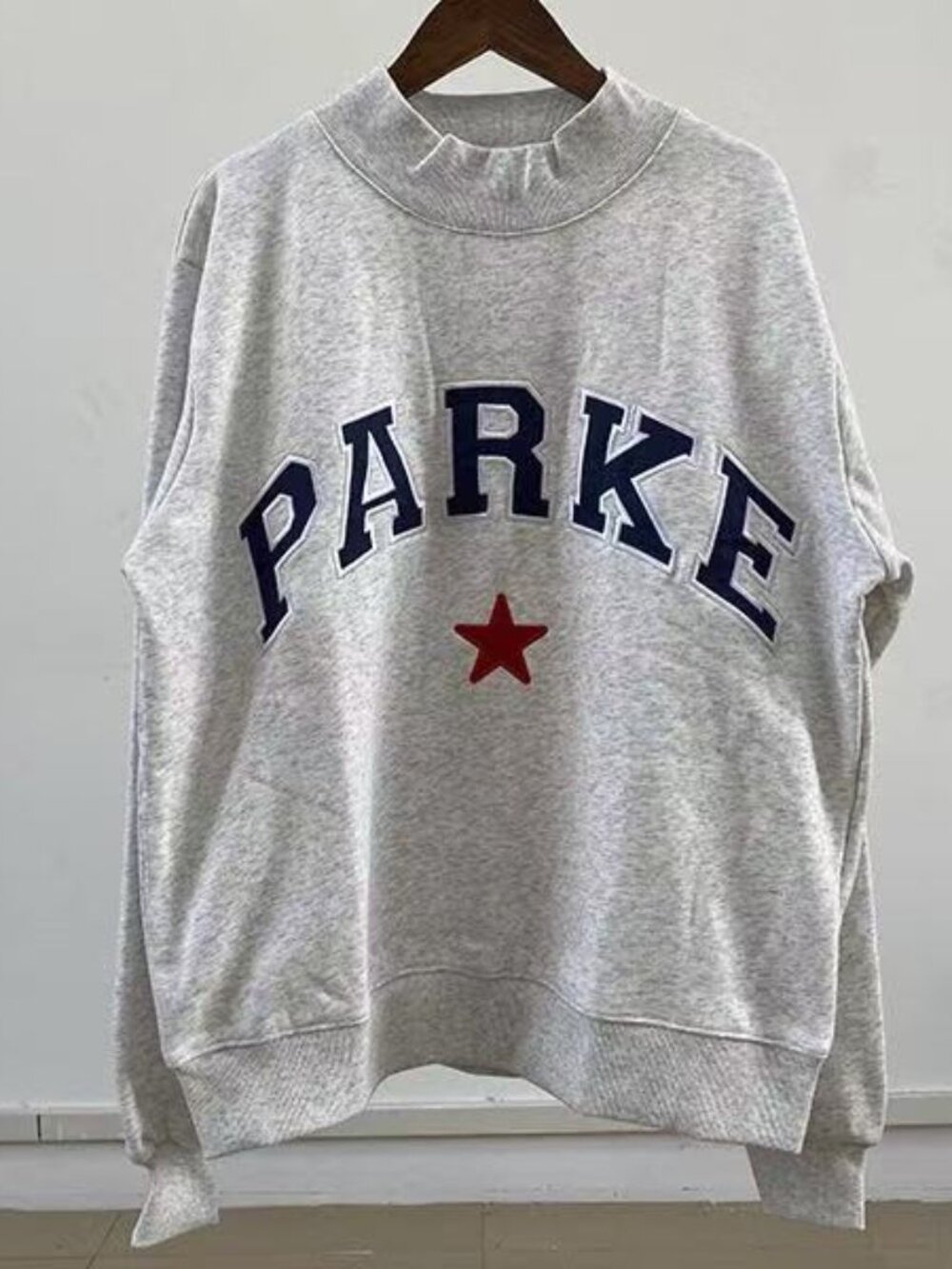 PARKE Women's Light Gray Pullover Sweatshirt with Navy Logo and Red Star
